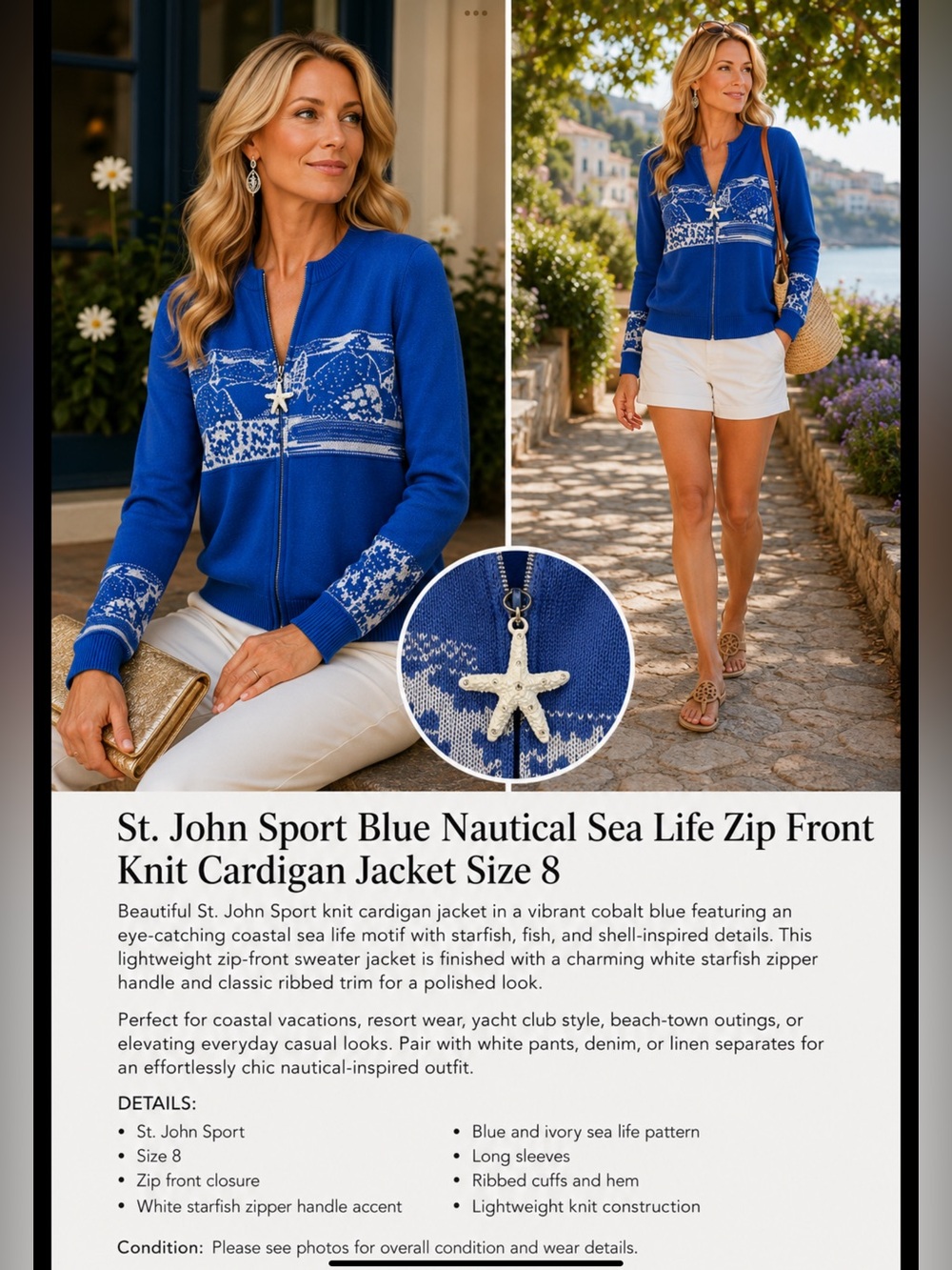 St. John Collection Blue Nautical Sea Life Zip Front Knit Cardigan Jacket Size 8